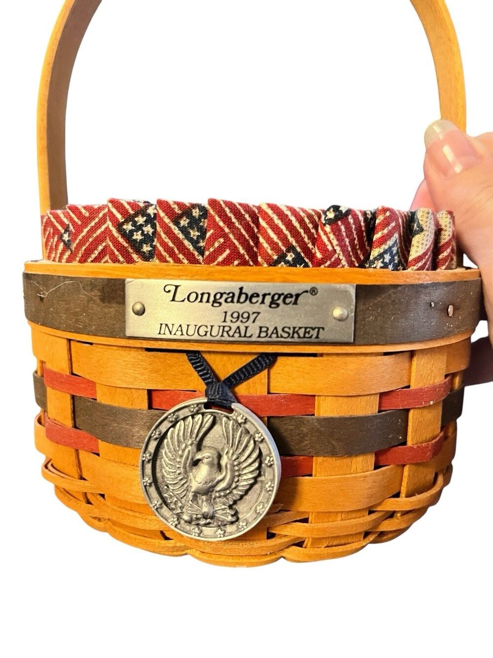 Longaberger 1997 Inaugural Handwoven Storage Basket w/ Handle, Patriotic Liner